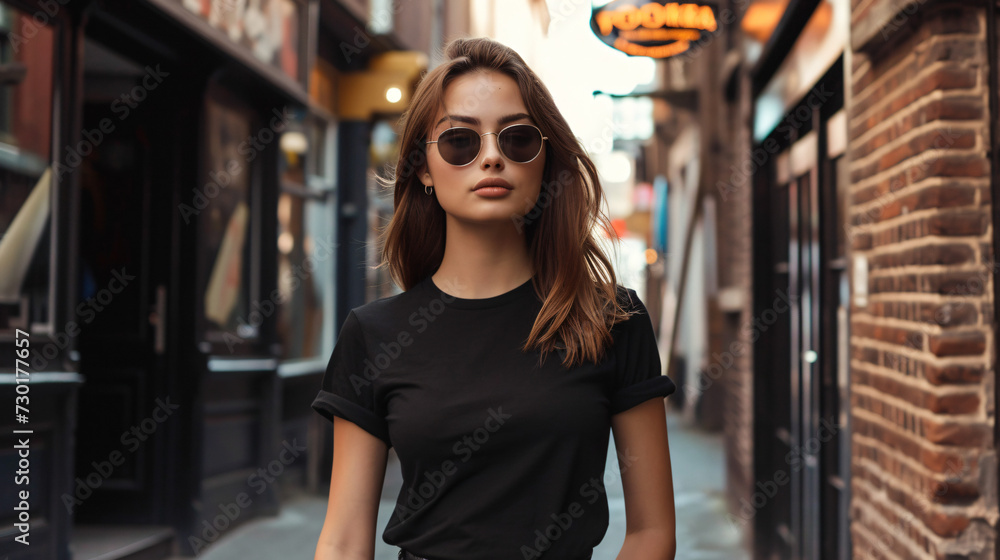 portrait of a woman in the city wearing black mock up t-shirt and sunglasses