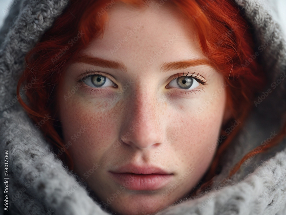 Winter portrait of a young red-haired girl in a knitted snood covered with snow. Snowy winter beauty concept.