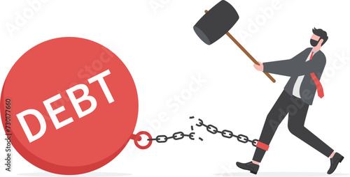Debt free or freedom for pay off debts, loan or mortgage, solution to solve financial problem, savings or investment to break free, happy businessman holding golden key after unlock debt burden chain.