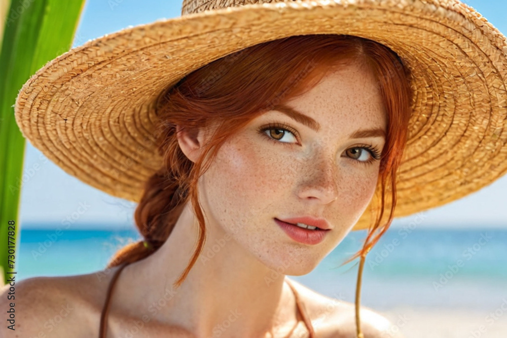 Portrait of a beautiful young redhead woman wearing a wide-brimmed straw hat on the beach and looking at the camera. Close-up of the face of an attractive, pensive