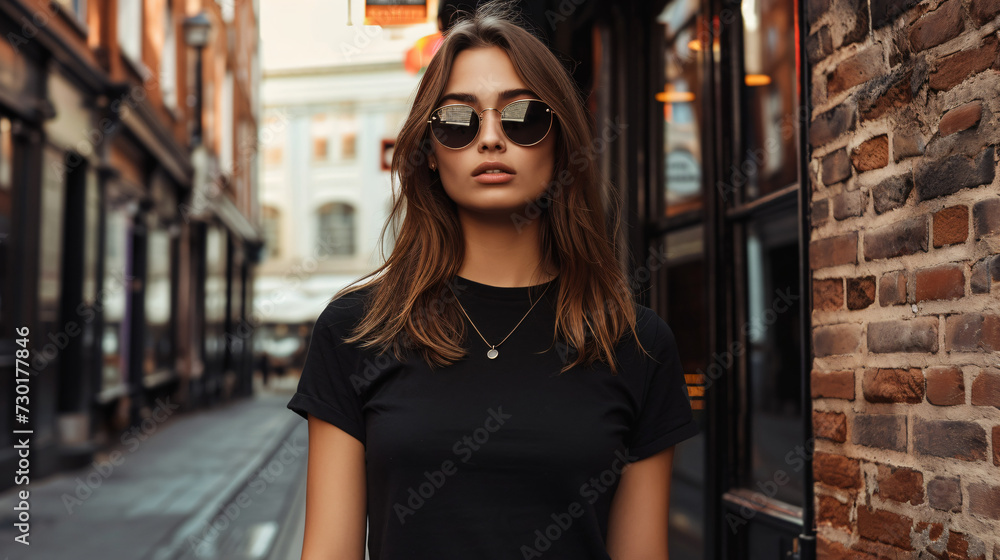 portrait of a woman in the city wearing black mock up t-shirt and sunglasses portrait of a woman in the city wearing black mock up t-shirt and sunglasses