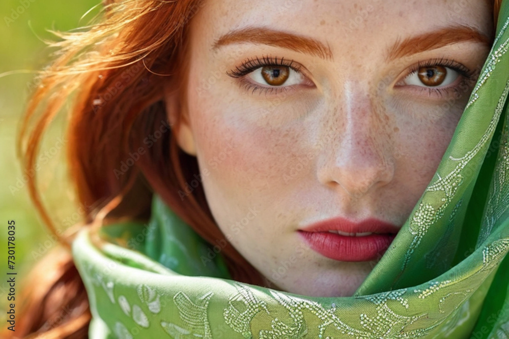 close-up portrait of a red-haired beautiful young woman with freckles and a silk scarf. Spring portrait.