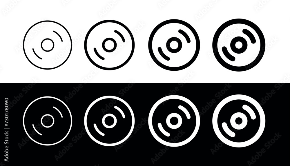 Set of CD disk or vinyl record icons. Sound playback or musician icon. Compact Disc or DVD for recording information. Symbol of music, sound or gramophone. Set of CD disk or vinyl record icons. Sound playback or musician icon. Compact Disc or DVD for recording information. Symbol of music, sound or gramophone.