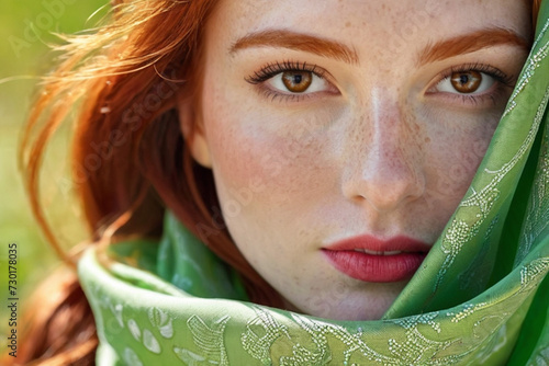 Obraz na płótnie close-up portrait of a red-haired beautiful young woman with freckles and a silk scarf. Spring portrait. w salonie