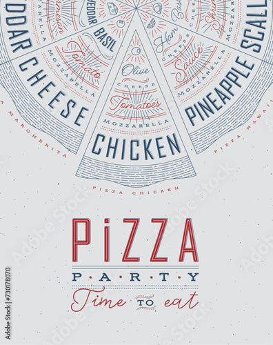 Poster featuring slices of various pizzas, chicken, seafood, pepperoni, cheese, margherita with recipes and names showcased in pizza party time to eat lettering, drawn with blue and red on a grey BG.