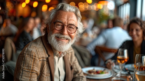 Handsome, contented elderly man with grey hair sits at a restaurant table with friends, surrounded people, Smiling at joyful dining