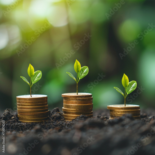 Money Growth Concept - Plants On Coin Stacks In Increase ai technology