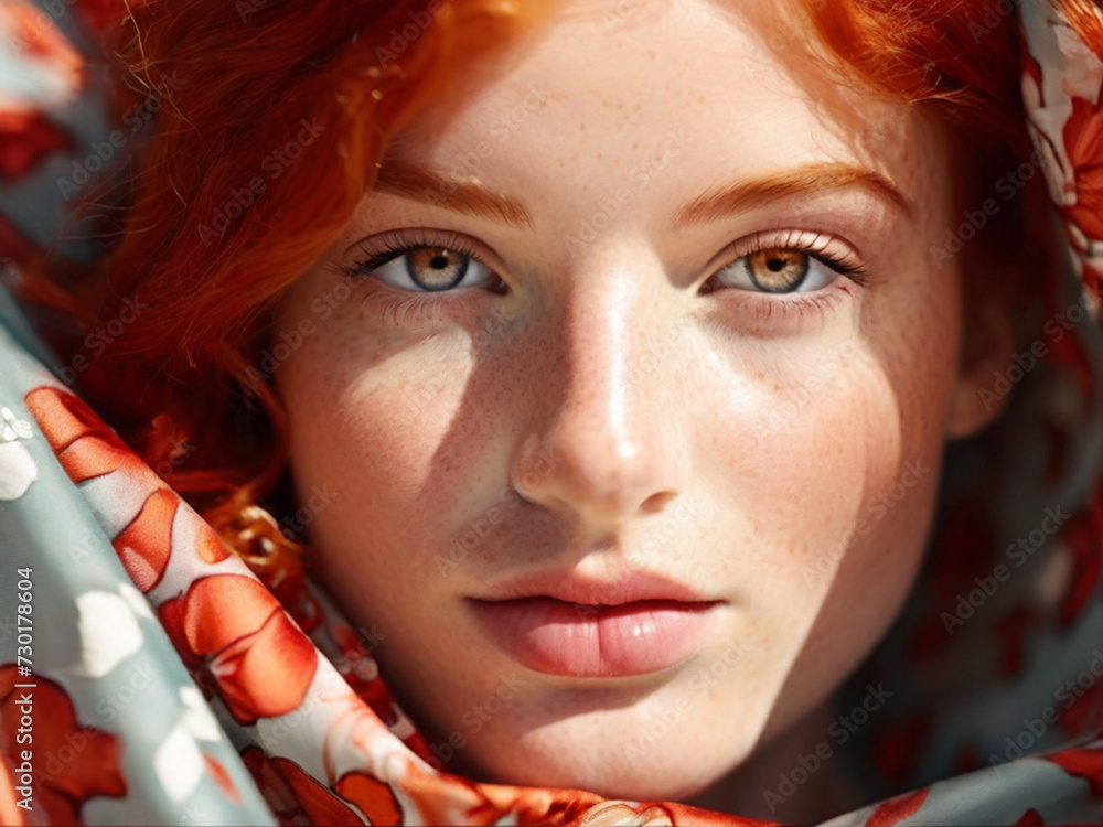 Beautiful young red-haired woman in a warm scarf in an autumn park. Close-up portrait.