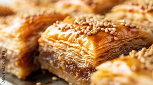 A detailed view of syrupy topped baklava with pistachios on a rustic plate. Pistachio baklava. Close-up. Traditional Middle Eastern Flavors. Traditional Turkish baklava. local name fistikli baklava photo