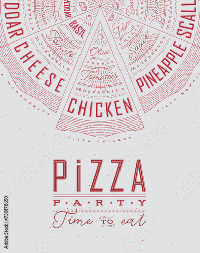 Poster featuring slices of various pizzas, chicken, seafood, pepperoni, cheese, margherita with recipes and names showcased in pizza party time to eat lettering, drawn with red on a grey background.