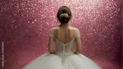 Dride from behind in wedding dress woman, bright glitter background photo