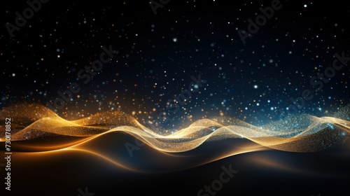 Digital art of shimmering golden waves flowing over a deep  starry  dark blue backdrop  evoking a sense of luxury and movement.