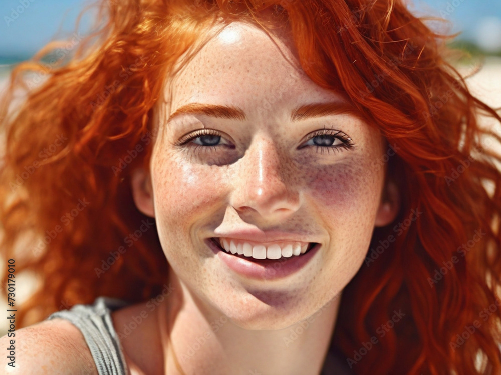 Portrait of a beautiful young redhead woman on the beach and looking at the camera. Close-up of the face of an attractive smiling girl with freckles and red hair.