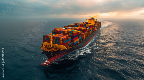 large cargo ship with containers in high seas