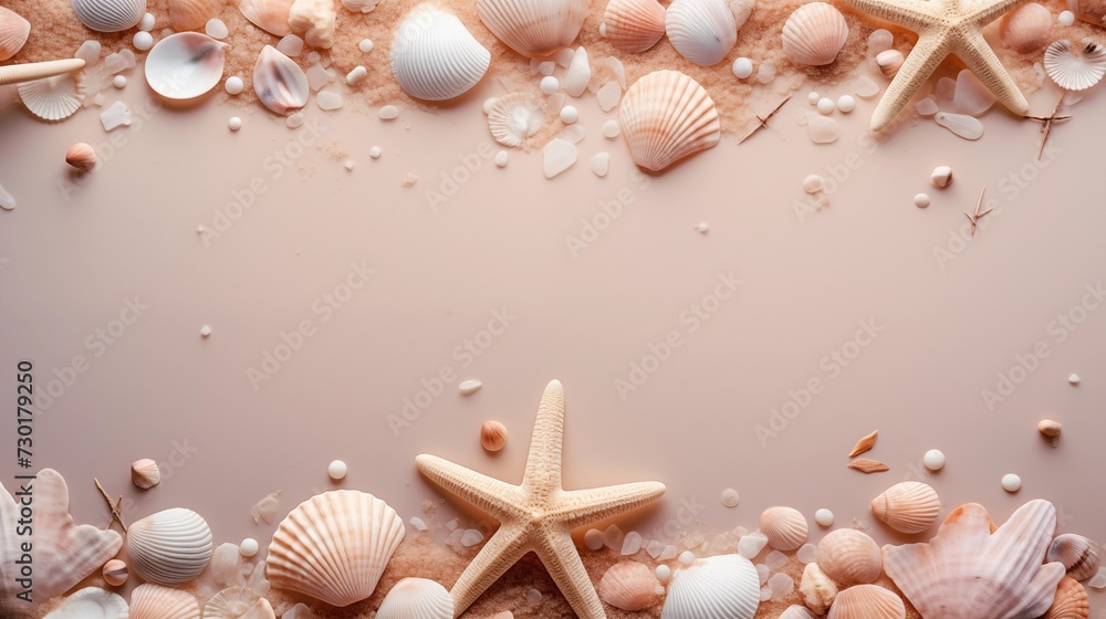 Tender sandy background with shells, fishstars and pearls Tender sandy background with shells, fishstars and pearls