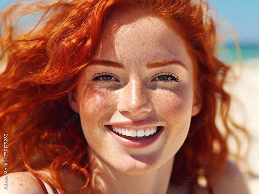 Portrait of a beautiful young redhead woman on the beach and looking at the camera. Close-up of the face of an attractive smiling girl with freckles and red hair.