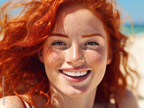 Obraz na płótnie Portrait of a beautiful young redhead woman on the beach and looking at the camera. Close-up of the face of an attractive smiling girl with freckles and red hair. w salonie
