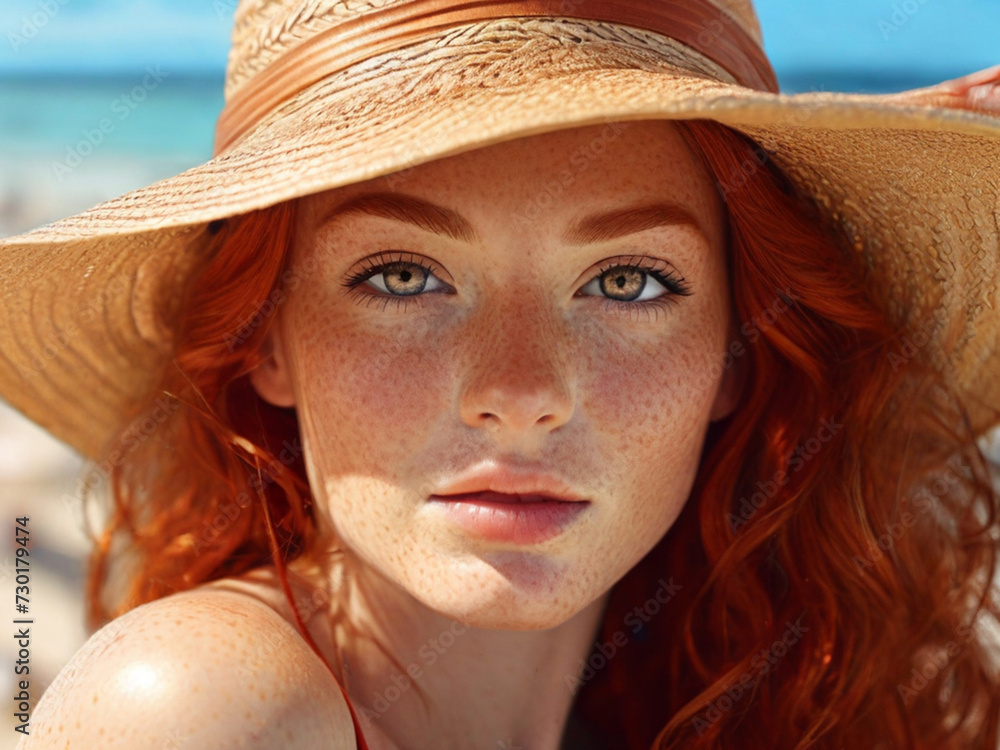 Portrait of a beautiful young redhead woman wearing a wide-brimmed straw hat on the beach and looking at the camera. Close-up of the face of an attractive smiling girl with freckles and red hair