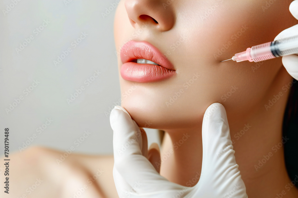 Close-up of the girl's face, in particular lips and syringe, contour plasty, which helps to smooth the contours of the face, correct irregularities in the skin, restores the volume of tissues and lips