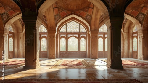 A close-up view of elegant Arabian arches. Ramadan Kareem background with mosque arch. Islamic greeting Eid Mubarak cards for Muslim Holidays festival celebration.