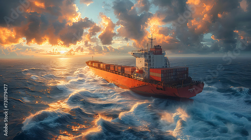 large cargo ship with containers in high seas