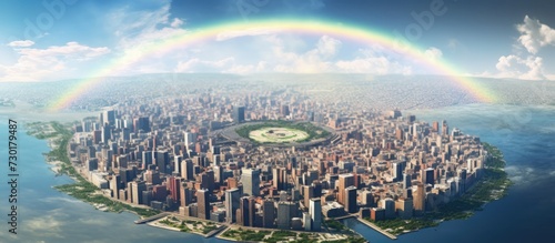 Panoramic aerial view of City with rainbow.