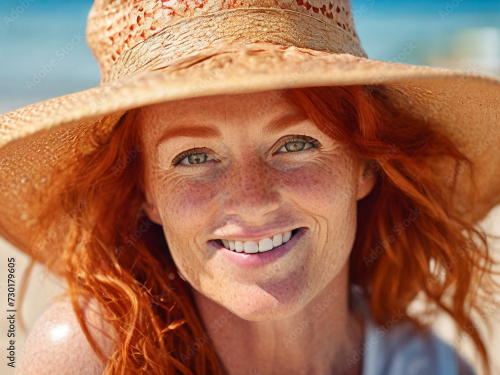 Portrait of a beautiful mature 45 year old redhead woman wearing a straw hat on the beach and looking at the camera. Close-up of the face of an attractive pensive