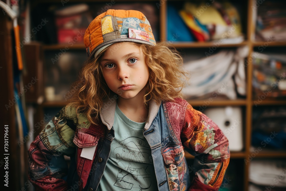 Portrait of a cute little girl with long curly hair in a cap and a denim jacket.