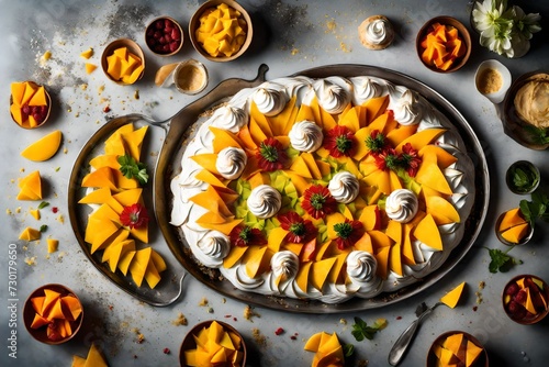 Against a backdrop of gleaming stainless steel, Pavlova desserts adorned with ripe mango slices lie in perfect symmetry on a baking sheet.