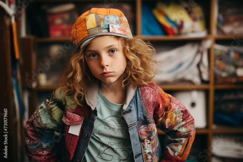 Portrait of a cute little girl with long curly hair in a cap and a denim jacket.