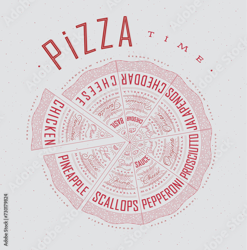 Poster featuring slices of various pizzas, chicken, seafood, pepperoni, cheese, margherita with recipes and names showcased in pizza time lettering, drawn with red on a grey background.