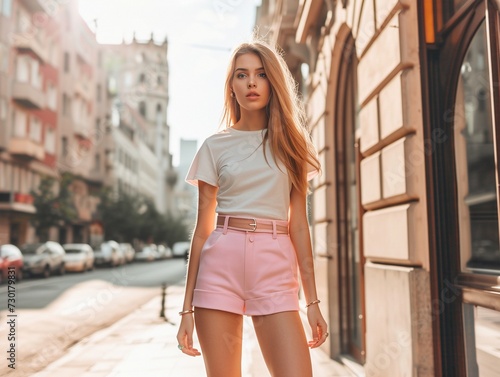 Young woman with blonde hair, white top and pink shorts in the city