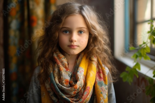 Portrait of a little girl with long curly hair and a colorful scarf.