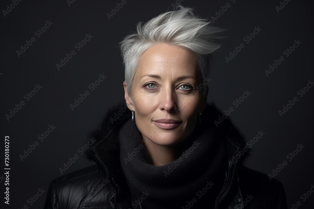 Portrait of a beautiful middle-aged woman in a black leather jacket on a dark background
