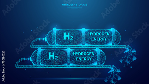 hydrogen storage, hydrogen tanks, H2. green energy concept. polygonal style background.