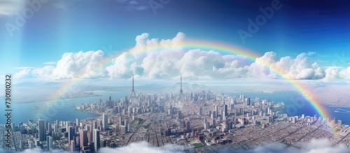 Panoramic aerial view of City with rainbow.