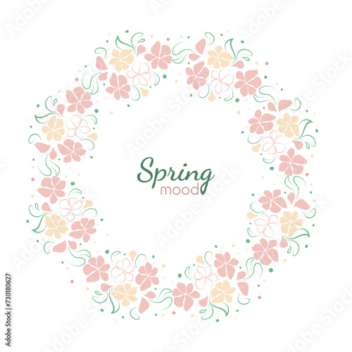 Floral frame in the shape of circle made of delicate flowers and leaves isolated on white background. Geometric layout for promo and greeting cards design. Editable vector template with copy space