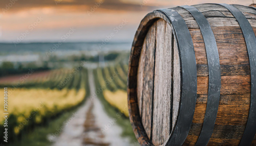 Close view of the surface of an old wooden barrel in a cellar or dark environment with soft warm light and with more barrels in the background. Close view of the surface of an old wooden barrel in a cellar or dark environment with soft warm light and with more barrels in the background.