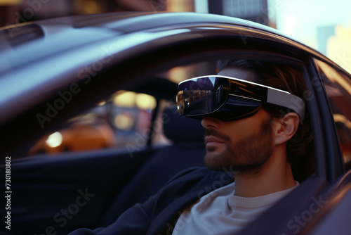 Man in Autonomous Car with VR Headset. 
