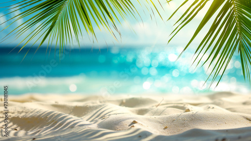White sand of a tropical beach, palm leaves and bokeh highlights