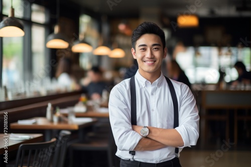 happy asian man waiter in restaurant, cafe or bar