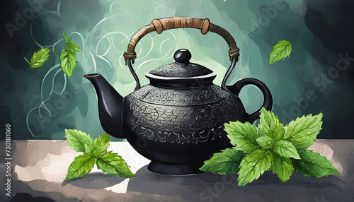 Black iron Asian teapot with sprigs of mint for tea