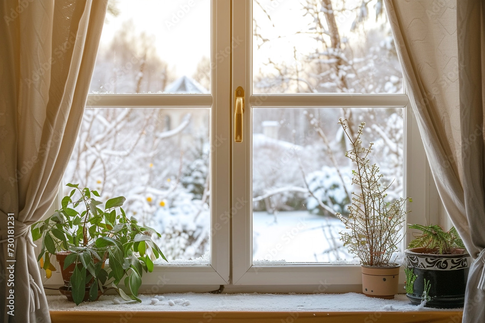 Fototapeta premium White tall window sill with winter garden on background