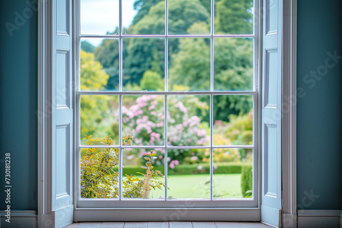 White tall window sill with summer garden on background