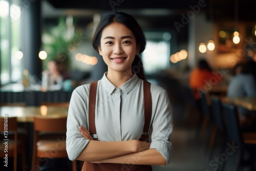 happy asian woman waiter in restaurant, cafe or bar