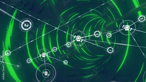Wallpaper Mural Animation of network of connections with icons over neon tunnel background Torontodigital.ca