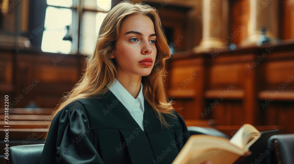 Court of Law Trial in Session: Portrait of Honorable Female Judge Reading Decision. Presiding Justice Pronouncing Sentence. Guilty, Not Guilty Verdict Judgment. Medium Portrait Shot. Court of Law Trial in Session: Portrait of Honorable Female Judge Reading Decision. Presiding Justice Pronouncing Sentence. Guilty, Not Guilty Verdict Judgment. Medium Portrait Shot.