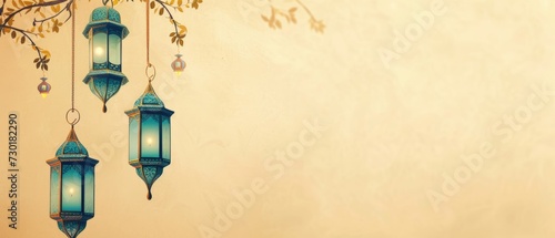 Garland with lanterns and moon adorn a festive Islamic backdrop Moroccan lanterns at night. Glittering party garlands. Ramadan kareem, Eid Mubarak. Eastern holiday design on beige background.