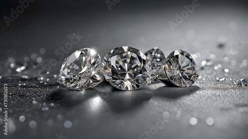 Brilliant cut diamonds sparkle intensely  scattered on a reflective surface with a soft focus on the background  highlighting the gem s exquisite facets and clarity