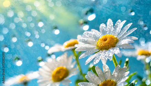 Floral banner with chamomiles and water drops on blue background